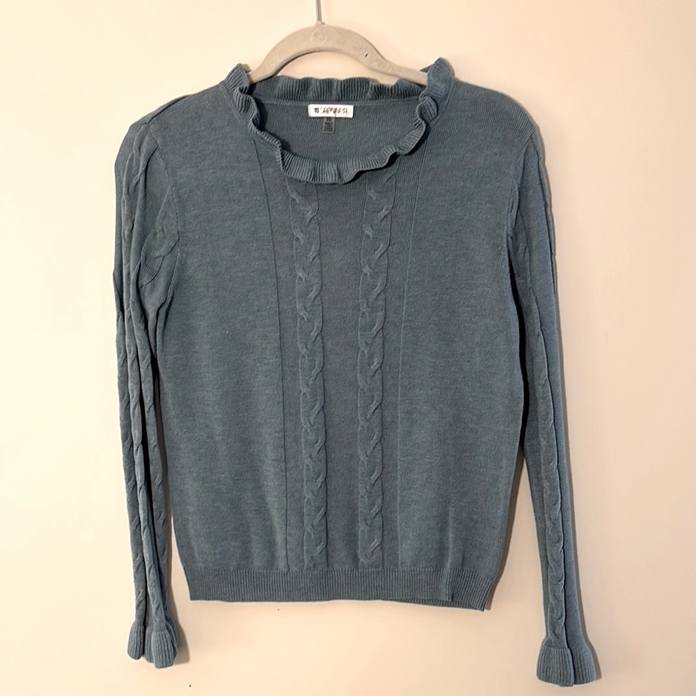 Teal Blue Lightweight Cable Knit Sweater With Ruffle Details, Like New, Sz XS